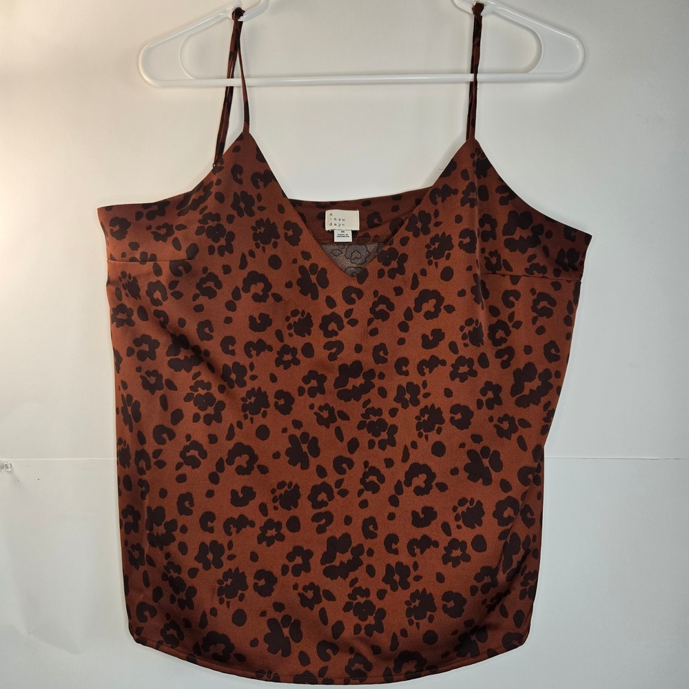 A New Day Womens Brown Leopard Print Satin V-Neck Cami Tank Top Medium VN1973122